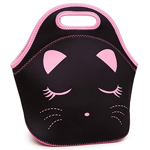Moonmo Cat Face Unicorn Face Insulated Neoprene Lunch Bag for Women and Kids - Reusable Soft Lunch Tote for Work and School (Cat Black)
