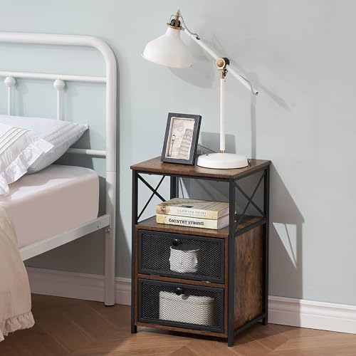 Image of VECELO Nightstand Set of 2, End Table with Flip Drawer, Modern Night Stand for Bedroom,Living Room, Office, Easy Assembly, Vintage Brown