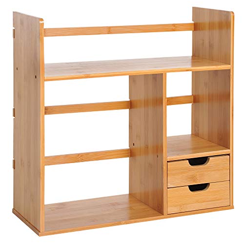 HOMCOM Organiseur de bureau avec tiroirs Bibliothèque multifonctionnel Étagère de Rangement pour Maison École Bureau en Bambou Naturel
