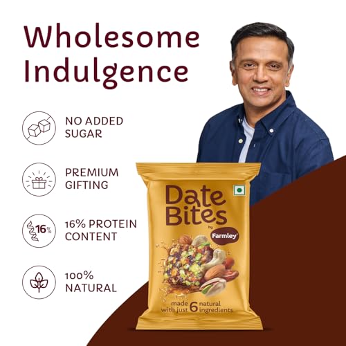 Image of Farmley Date Bites I Dates Barfi Made with Dates, Pista, Cashews, Almonds, Honey and Pure Ghee I Dry Fruits Nuts, Healthy Snacks Sweets,Gluten Free, No Added Sugar 20 g (Pack of 1), Classic Date Bites
