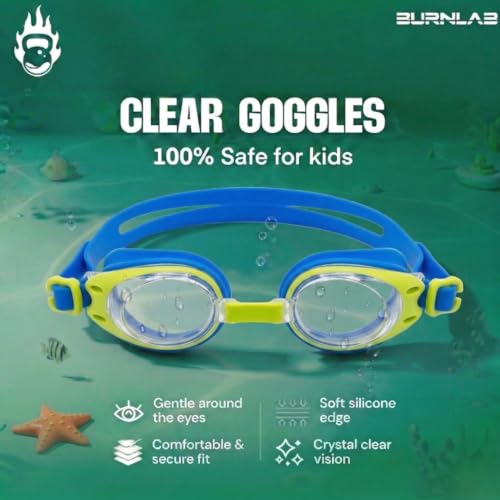 Image of BURNLAB Swimming Goggles for Kids, Clear Vision Pool Goggles for Boys & Girls, Easy Adjustable Strap (Blue and Green)