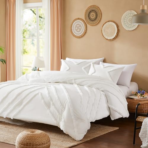 Image of Cupocupa Queen Comforter Set Ivory Tufted Comforters Sets Bedding for Queen Bed 3PCS Boho Comforter Soft Fluffy Lightweight Comforter with 2 Pillow Cases for All Season