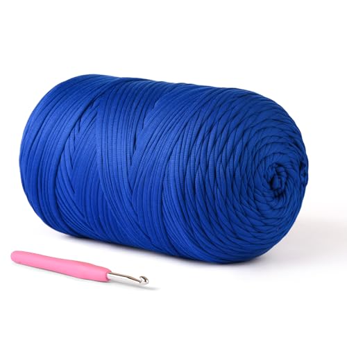 Image of (800g /228yds) T Shirt Yarn, Soft Tshirt Crochet Yarn for Crafts and DIY Knitting Crocheting Cloth /Bag /Basket /Coaster, 100% Polyeste Elastic Fabric Chunky Thick Yarns for Crocheting (Sapphire Blue)