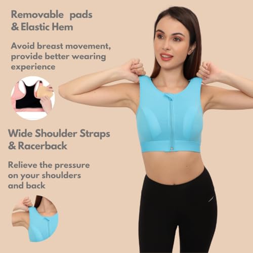 Image of GLAMORAS Women's Wirefree Full Coverage Sports Bra Medium Impact Mesh Racerback Design with Front Zip, Removable Pads Ideal for Gym, Yoga, Fitness Workouts