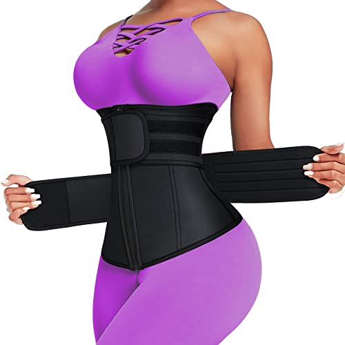 Waist Trainer for Women Zipper Corset Fat Burning Double Training Band Tummy Slimming Sweat Workout Trimmer Belt-Black (X-Large)