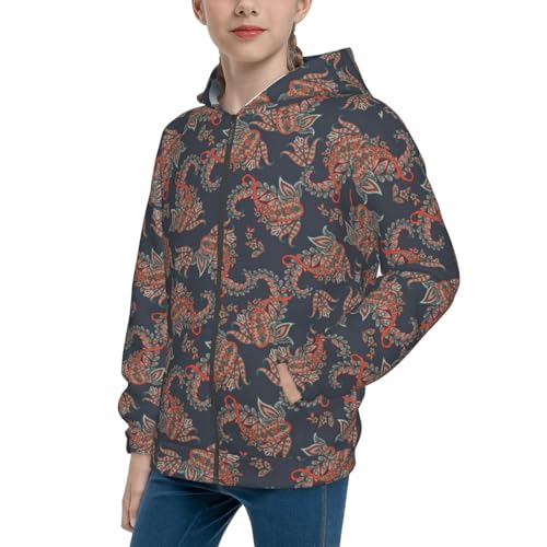 Paisley Floral Kids Pullover Hoodies Boys Zip Up Sweatshirts Girls Athletic Clothes with Pocket