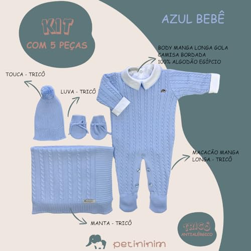 Kit Saída De Maternidade 5 Peças com Body Algodão + Macacão Tricô + Manta Tricô + Touca Tricô + Luva