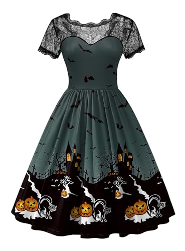 Womens Halloween Swing Short Sleeve Lace Dresses Bat Party Vintage