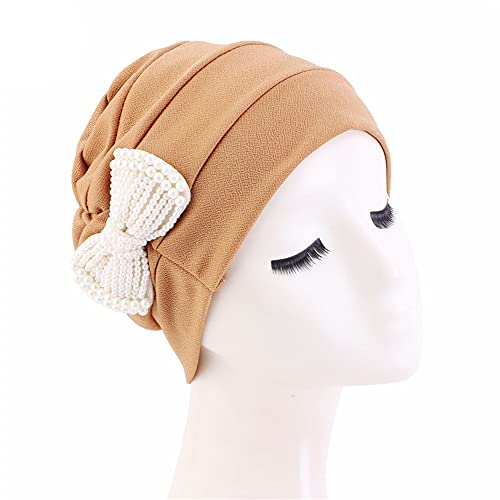 Jilibaba Turban Caps Perlen Schleife Haarkappe Chemo Krebs Hut Bandana Schlafmütze Outdoor Headwrap für Frauen Haarausfall Yoga Khaki Cover