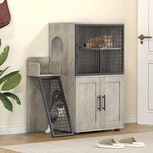IDEALHOUSE Modern Cat Litter Box Enclosure with Platform Double Layer Hidden Litter Box Indoor Washroom Villa Cat House with Ladder 33.5 l x 17.9 w x 41.9 h Grey
