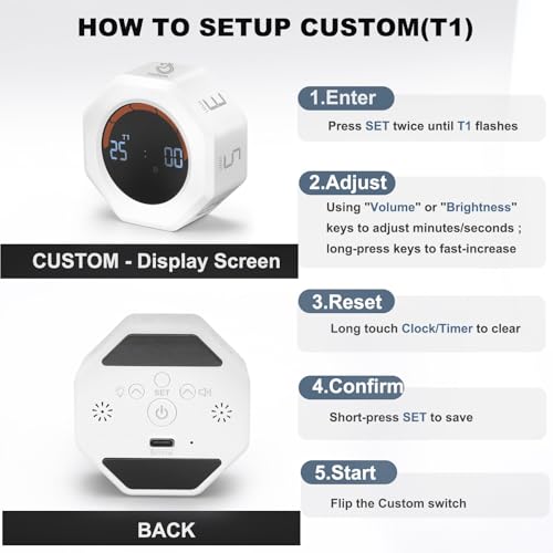 Image of Small Productivity Timer - Pomodoro Timer with 3 /5 /10 /25 /60 Min Presets & Custom Countdown | Magnetic Rechargeable Digital Clock for Desk, Study and Games (White)