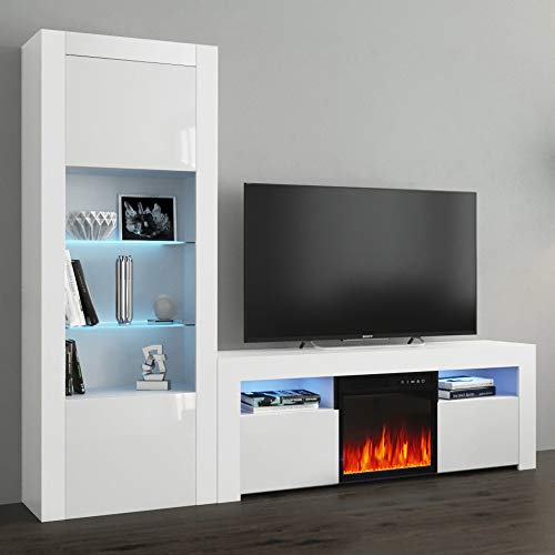 Meble Furniture Milano 145EF-BK Fireplace TV Stand - Modern High Gloss Entertainment Center for Living Room, Bedroom - Central Entertainment Center Console with Storage Space - White