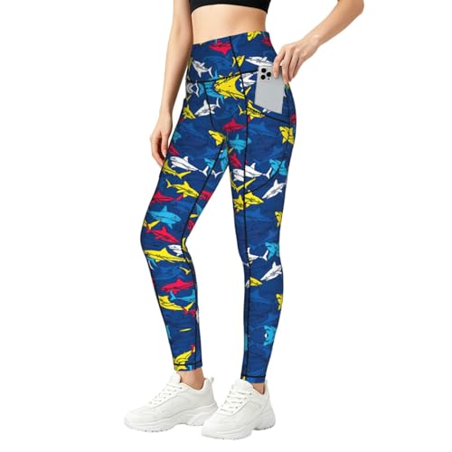 Leggings de mujer con estampado de tiburón y bolsillos laterales