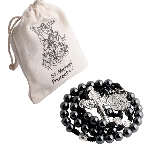 HanlinCC 10mm Hematite Stone Beads Handmade Saint Michael Paracord Rosary Necklace for Men and Women3