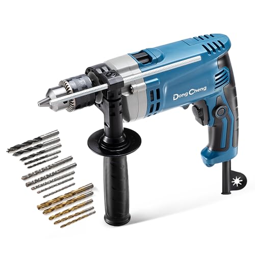DongCheng Perceuse à percussion Marteau perforateur 710W,13 mm mandrin de perçage Perceuse à percussion 45,000 IPM, 3000 RPM avec 15 couronnes de perçage pour métal, bois et béton