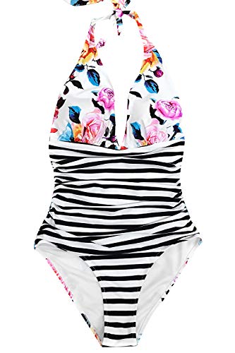 Cupshe Women's One Piece Swimsuit Halter Plunge Neck Ruched Tummy Control Bathing Suits Floral Stripe Print S Multi-Color #TOP2