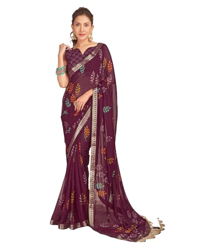 Image of SIRIL Women's Chiffon Printed Saree With Unstitched Blouse Piece