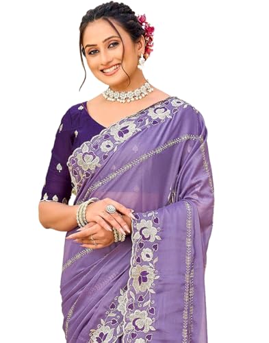 Image of SIRIL Women's Shimmer Georgette Scalloped Border Sequins Embroidery Saree with Unstitched Blouse Piece