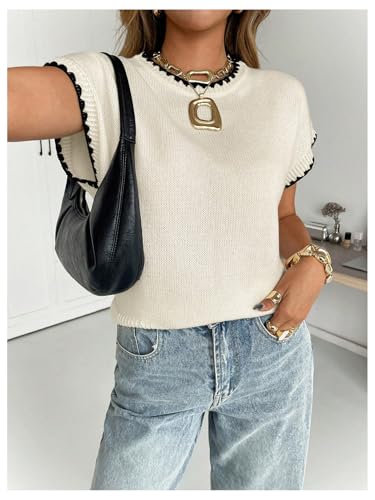 GORGLITTER Women's Short Sleeve Sweater Contrast Trim Crew Neck Boho Loose Pullover Business Casual Tops3