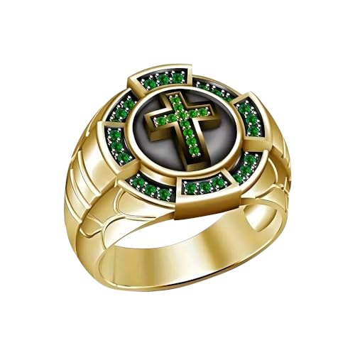 Cross Emerald Ring for Men 10K/ 14K/ 18K Solid Real Yellow Gold Ring for Men Handmade Cross Luxury Men's Ring with Emerald Gemstone Engagement Wedding Ring Promise Ring Gifts for Him Dad Men’s Jewelry Size 4-18