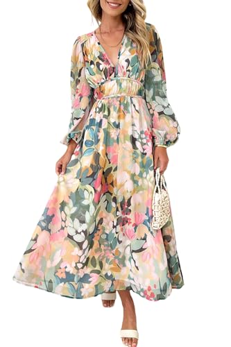 Maxigerui Women's Long Sleeve Floral Maxi Dress 2026 Spring Summer Wedding Guest Dress Green Floral M