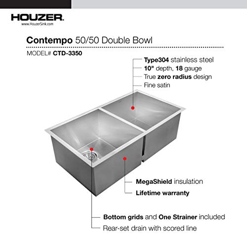 Houzer Ctd-3350 Contempo Series Undermount Stainless Steel 50/50 Double Bowl Kitchen Sink #TOP5
