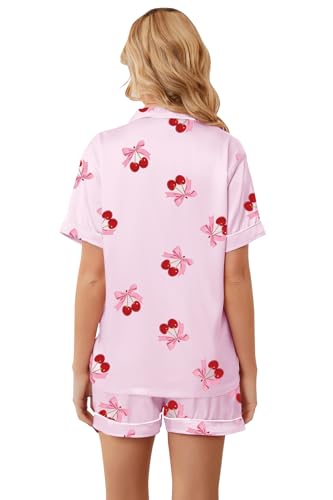Image of Umeyda Women & Girls Pajamas Set, Soft Satin Lightweight Silk Button-Down Top with Shorts 2 Piece PJS for Mom Boys Kids Gifts