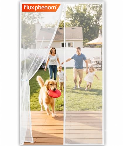 Image of Flux Phenom Magnetic Screen Door (White) - Bugs Out, Breeze in - 9min Install Auto-Sealing Heavy Duty Double Stitched Mesh, 52 Magnets, Hands Free Patio Doors Net, Pet & Kid Friendly, 38 x 82 Inch