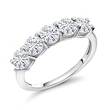 Gem Stone King 925 Silver 5-Stone Gemstone Birthstone Wedding Band Ring for Women | Round 3.5MM | Stackable Engagement Anniversary Ring | Jewelry for Her Mom Wife | White Moissanite-April | 6