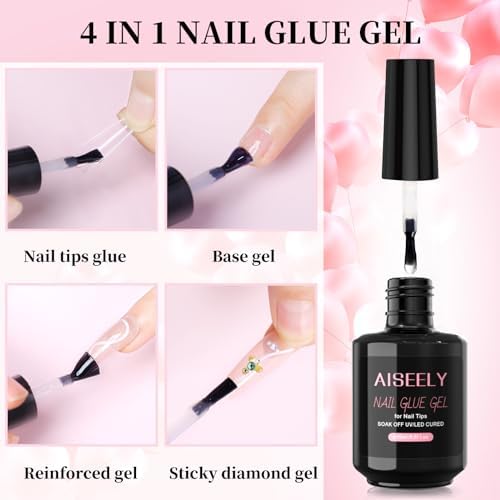 AISEELY Gel Tips Nail Extension Kit, 500pcs Clear Nail Tips and Glue Gel Nail Kit, 4 In 1 Nail Glue Gel Base Coat with Gel Polish, UV LED Nail Lamp, Acrylic Nail Clipper for DIY Manicure