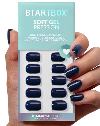 BTArtbox Press On Nails Short - Haunted Sapphire, Dark Blue Navy Halloween Press On Nails with Glue for Women, Fall Opaque Soft Gel Glue On Nails in 15 Sizes - 30 Stick On Nails Kit