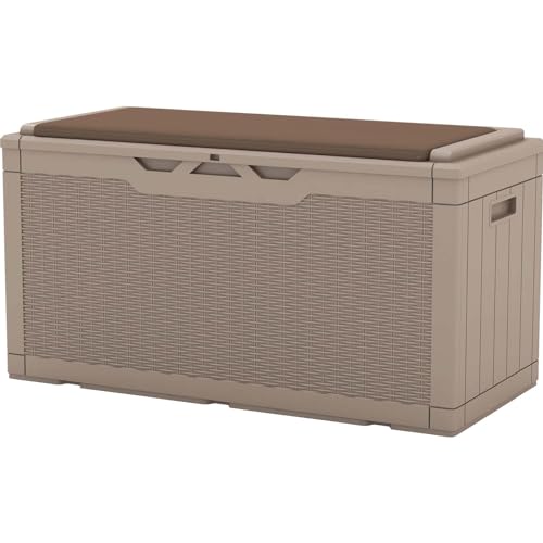 Patiowell 100 Gallon Resin Deck Box with cushion, Waterproof Large Outdoor Storage Box for Patio Furniture and Garden Tools, Light Brown