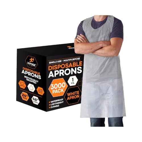 Image of Xpose Safety 3000 Pack White Plastic Disposable Bulk Aprons, Individually Wrapped Waterproof Polyethylene Aprons for Food Prep, Cooking, Cleaning & Industrial Use, 1 Mil, 24" x 48"