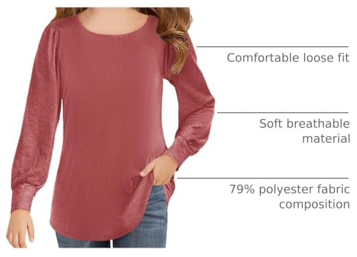 Image of Haloumoning Girls Puff Long Sleeve Shirts Fall Tops 5-14Y | Casual,Solid Color,Crewneck, Soft, Tunic Tops Blouse,Kids Long Sleeve T Shirt,,Fashion Clothes