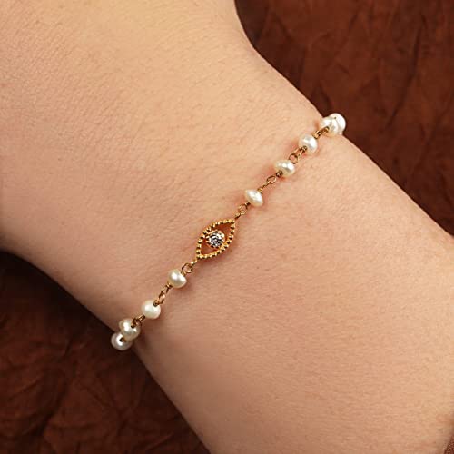 Karma And Luck - Dreamlike Protection - Women's Real Pearl Stone 18K Gold Plated Brass Evil Eye Deflect Negativity Charm Adjustable Bracelet Handmade With Love In India #TOP2