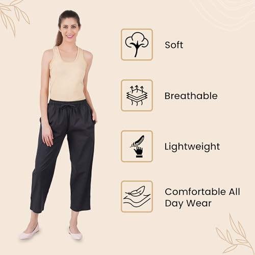 Image of Happy Bunny Parallel Pants for Women 100% Cotton Ankle Length Trousers Regular Fit with Elastic Drawstring Stylish & Pockets Casual Formal Wear for Office & Home