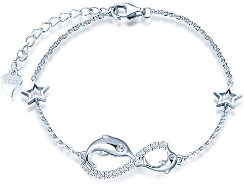 MicLee Woman's Girl's Bracelet, 925 Sterling Silver, Dolphin & Infinity Symbol, Mini Hollow Star, Zircon Inlaid