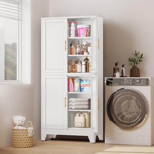 Image of PAOFIN White Metal Storage Cabinet, Pantry With 4 Doors and Adjustable Shelves, Leveling Foot for Kitchen, Living Room and Dinning Room, 75 inch H