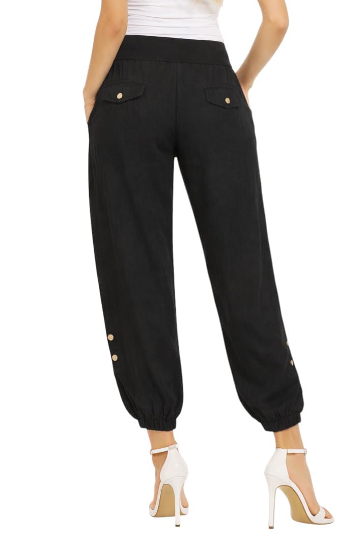 Mississhop Pantalon de loisirs décontracté pour femme en toile 100 % lin avec boutons uni - Noir - W44