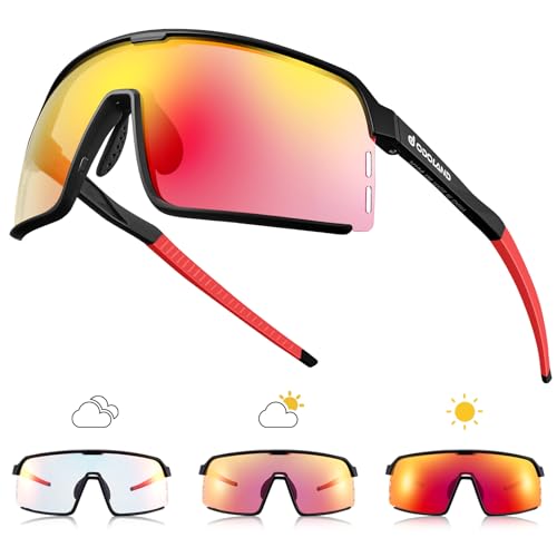 Odoland Gafas Deportivas Hombre Fotocromáticas Gafas de Sol para Ciclismo UV400 lentes Intercambiables Gafas Correr para MTB Bicicleta Running Mujeres, Rojo