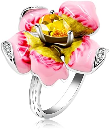 Uloveido Fashion Pink Peony Flower Rings for Women White Gold Plated Floral Statement Cocktail Rings Size 6-10 Y1596 image 4