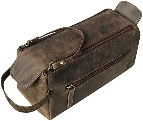 Image of Rustic Town Leather Toiletry Bag for Men & Women - Multifunctional Travel Organizer, Shaving Kit, Makeup Kit, Cosmetic Pouch - Travel Toiletries Gifts (Dark Brown)