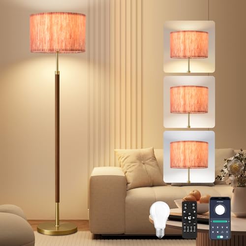 Image of Wood Floor Lamp with 3 Color Temperatures,Vintage Floor Lamp with Remote Control,Dimmable Farmhouse Floor Lamp Mid Century Modern Standing Lamp Farmhouse Tall Pole Lamp for Living Room Bedroom
