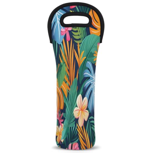 Tropical Floral Plant Wine Carrier Tote Bag Neoprene Bottles Protector Bags for Drinks/Water/Beer Bottles Reusable Wine Bag for Travel Picnic Party Restaurant