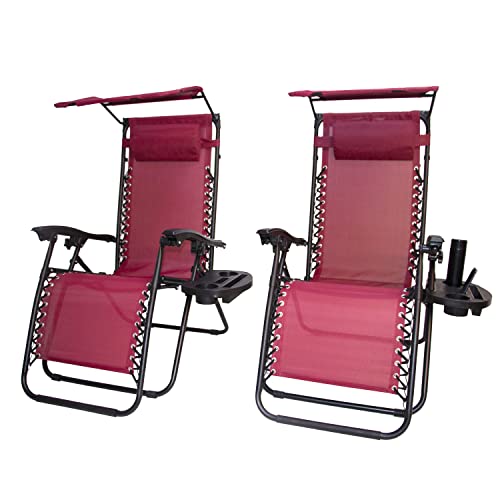 BTEXPERT Set of 2, Adjustable Steel Mesh Zero Gravity Lounge Chairs Case Outdoor Patio Recliner Beach Yard Garden with Pillow Sunshade Utility Tray Cup Holder (Red Burgundy with Canopy)