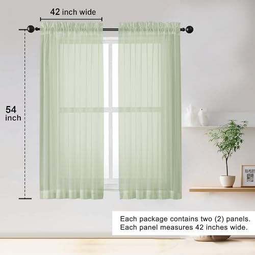 Image of OWENIE Sheer Curtains 54 inches Long 2 Panles for Living Room Bedroom Small Windowm, Rod Pocket Light Filtering Voile Sheers Drapes, 42 inch W x 54 inch L, Light Green