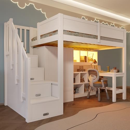 ZIDEY Etagenbett 90x200 mit Schreibtisch & Regal & Kleiderschrank, Kinderbett Hochbett mit Lattenrost, Stauraum Treppe, Jugendhochbett, Stauraumbett, Bettgestell, ohne Matratze, weiß