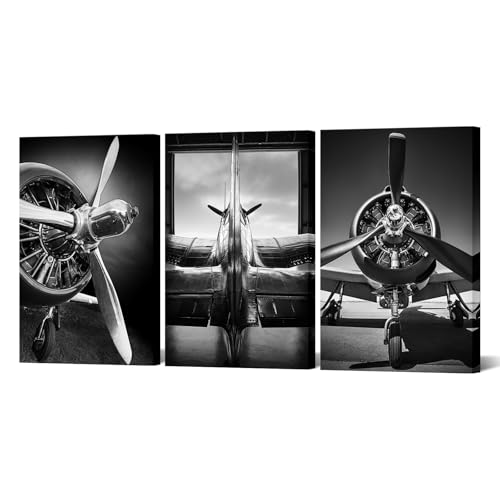 Muzenso Canvas Prints 3 Piece Airplane Wall Art Black and White Aviation Canvas Painting Propeller Aircraft Photography Artwork 16x24 Inch Each Panel for Living Room Bedroom Office Pilot Decor