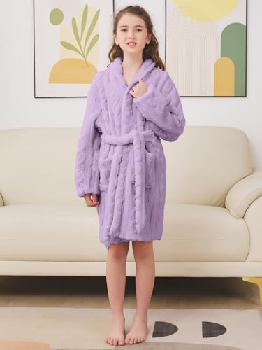 Umeyda Girls Soft Fleece Bathrobe, Cable Plush Hoodless Warm Robes with Belt Pockets for Kids, 2-15Y4