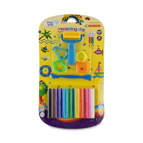 Image of Kores Modelling Clay 220g - 12 Colours with Roller, Cutter & 4 Moulds | Soft, Reusable & Non Toxic Clay for Kids | Ideal for Creative Learning & Craft